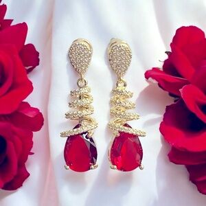 Gold and Red Dangle Earrings with Teardrop Studs and Tassel Design